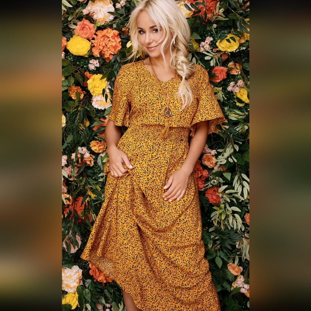 Romantic Mustard Floral Smocked Midi Dress | Boho Cottagecore | Size S